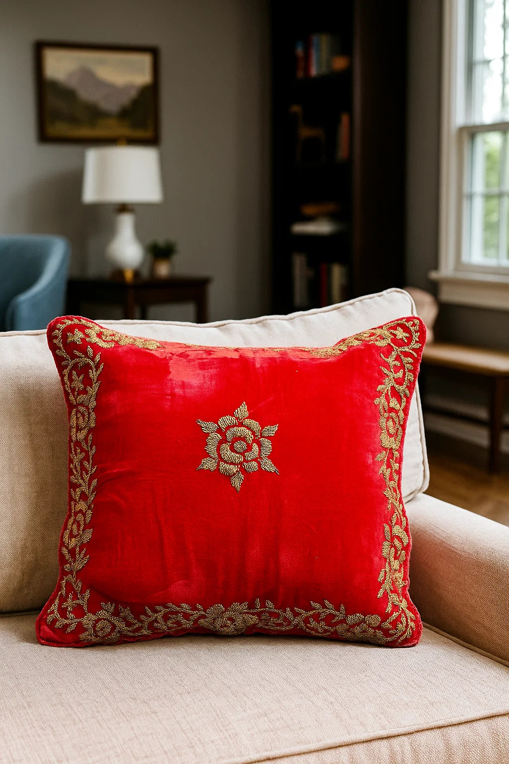 Handmade velvet Cushion Cover (Gold on Red)