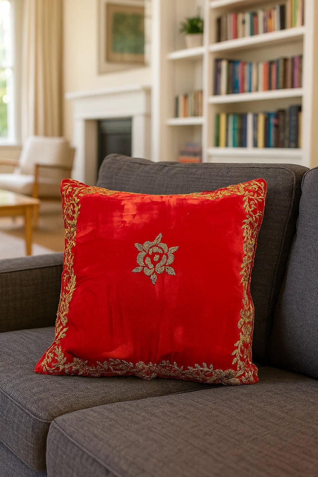 Handmade velvet Cushion Cover (Gold on Red)