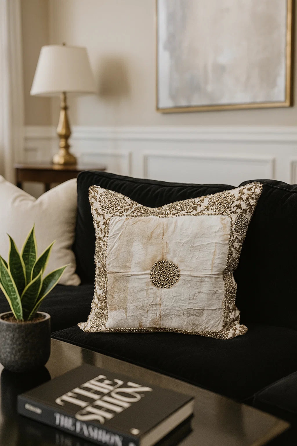 Handmade velvet Beaded Cushion (cream Beige and gold)