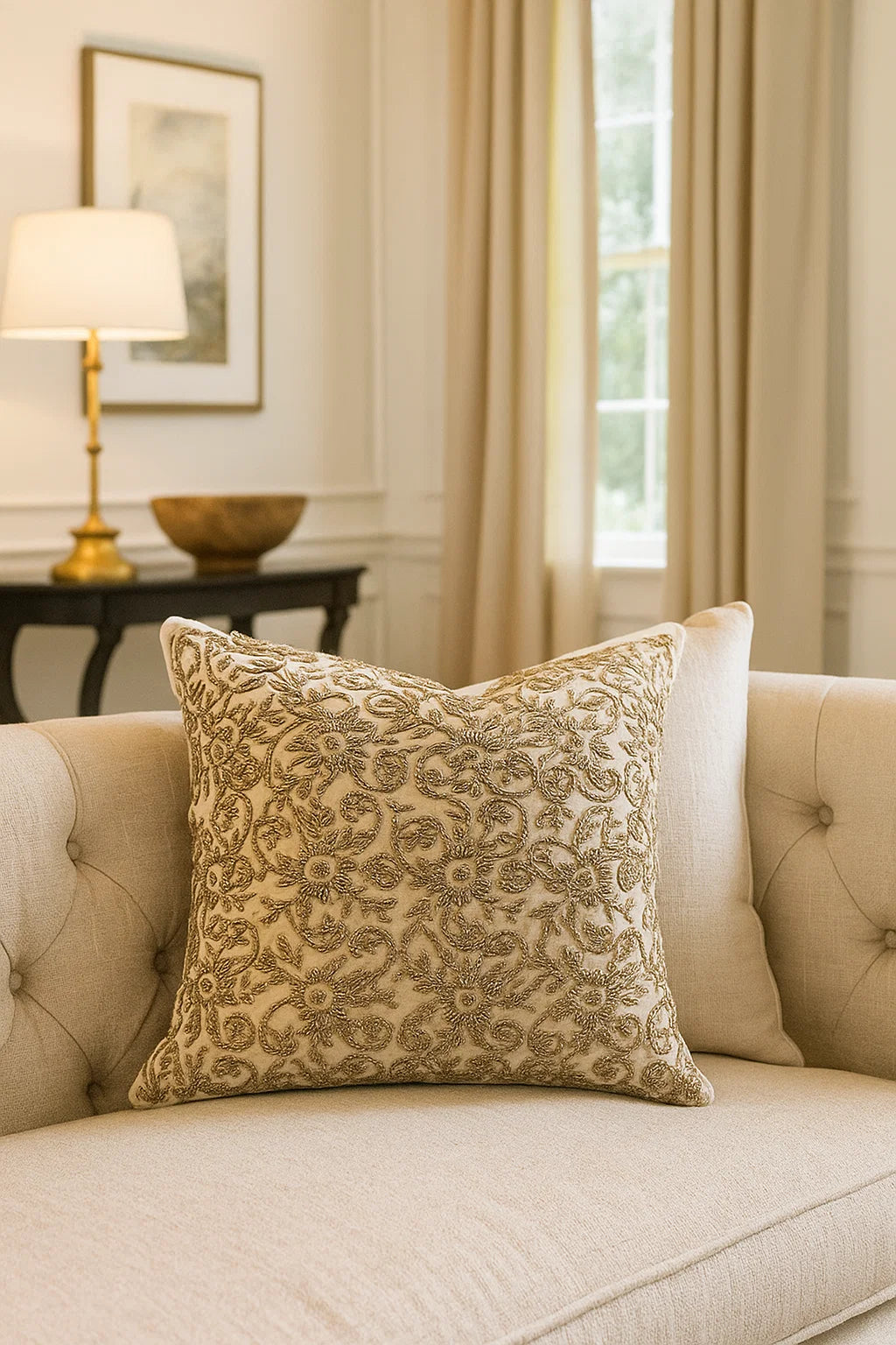Handmade velvet European pillow cover (Beige and Gold)