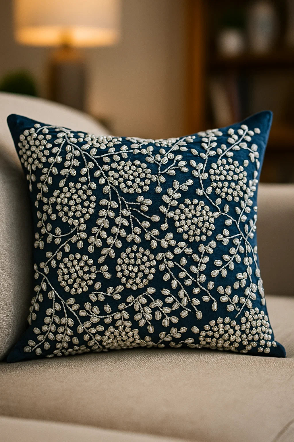 Handmade Velvet Cushion Cover (Royal blue pearl and Silver) - Handmade Stories