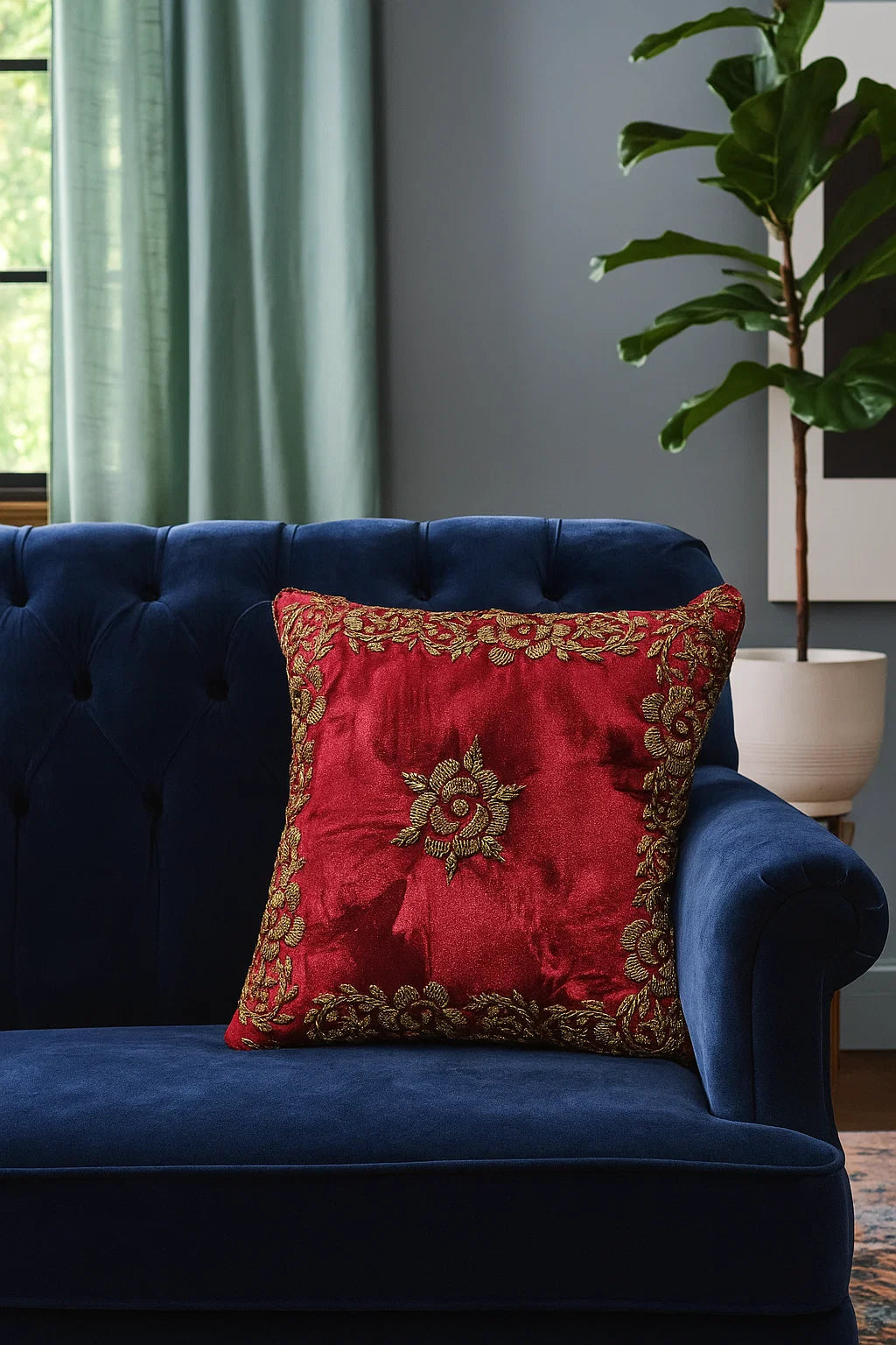 Handmade velvet Cushion Cover (Burgundy and Gold) - Handmade Stories