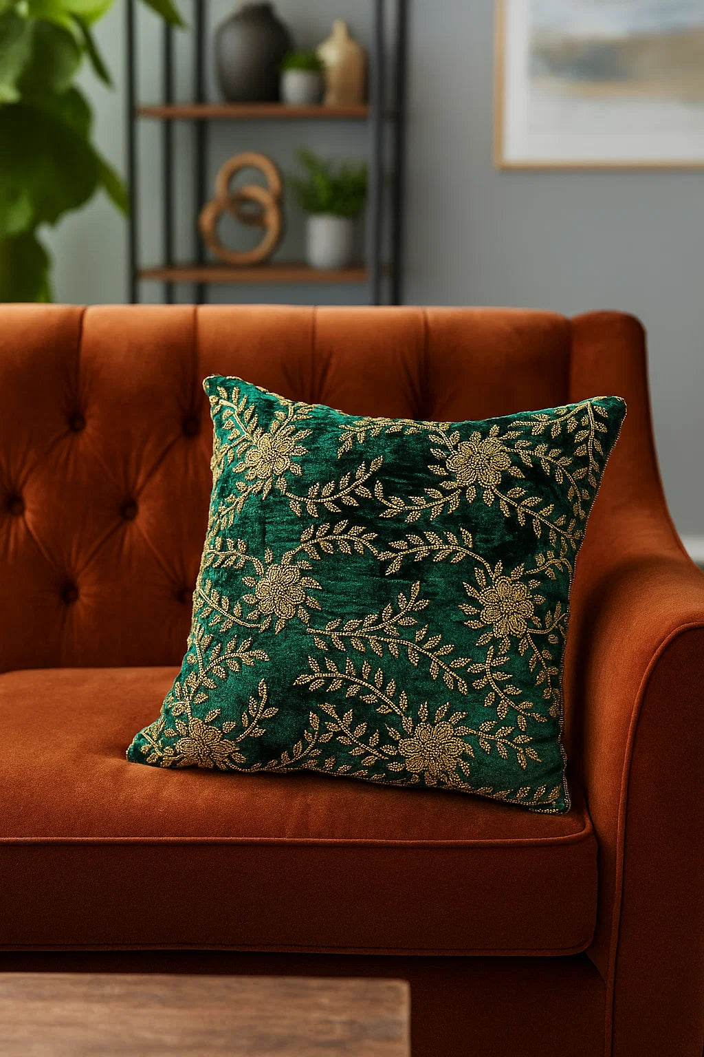 Handmade velvet Cushion Cover (Emerald Green Floral) - Handmade Stories