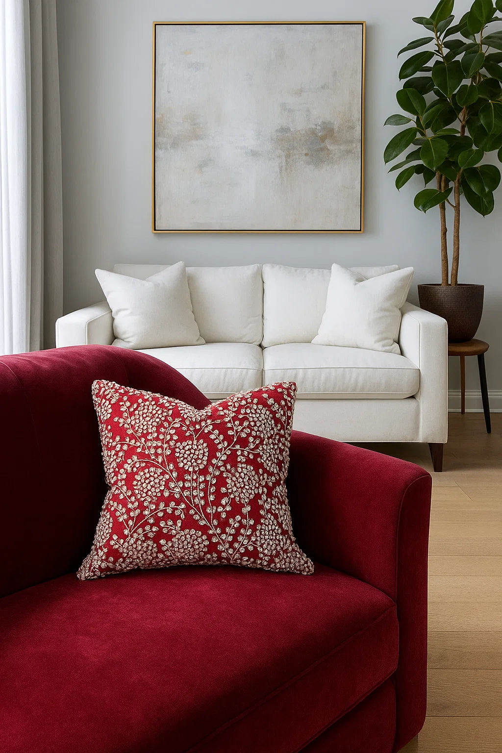 Handmade Velvet Cushion Cover (Red White and Pearl) - Handmade Stories