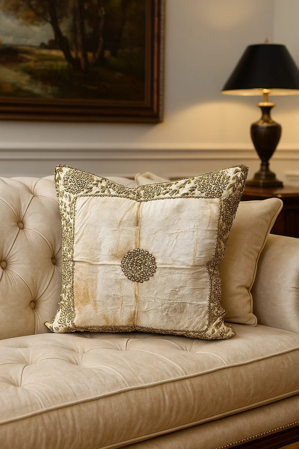 Handmade velvet Beaded Cushion (cream Beige and gold) - Handmade Stories
