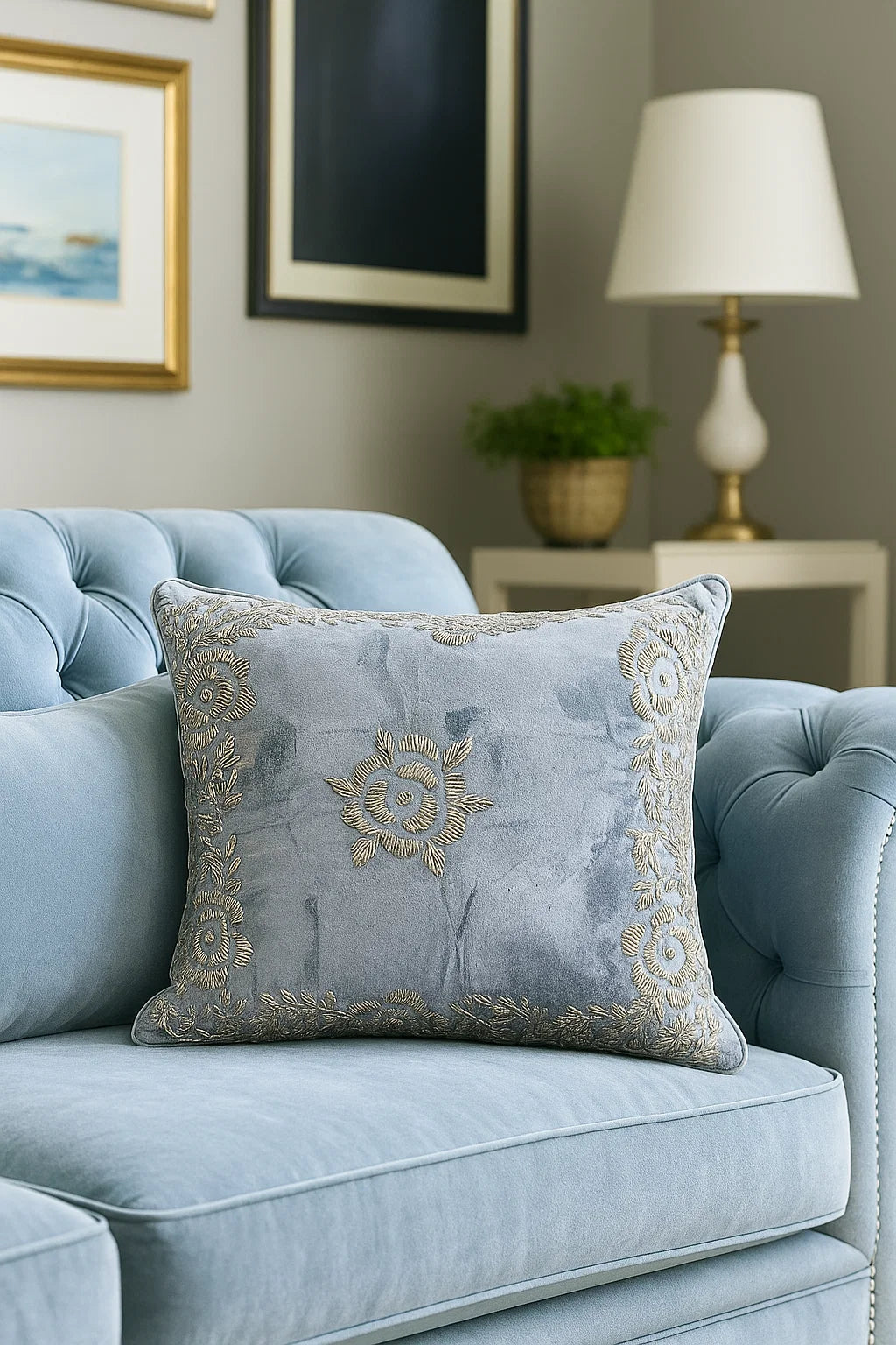 Handmade velvet Cushion Cover (Light blue and Silver) - Handmade Stories