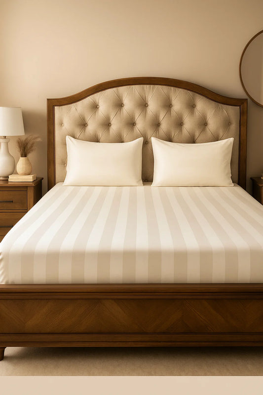 Premium Quality Bed Sheet Set With Flat Sheet (Ivory white wide stripe)