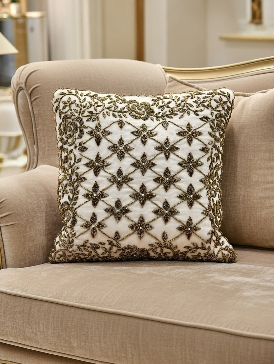 Handmade Velvet Cushion Cover (Ivory white and Gold) Design - 2