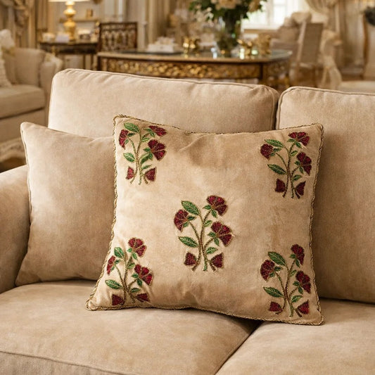 Handmade Velvet Cushion Cover (Beige Red and Green)