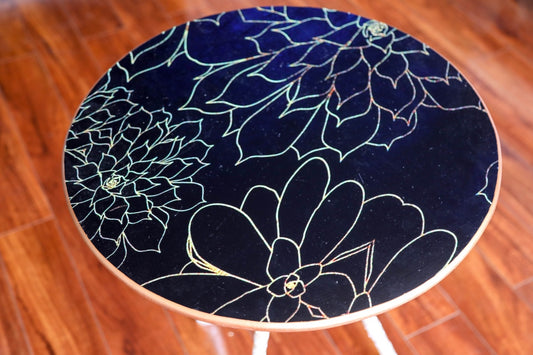 Black & Gold Screen printed wooden round side table