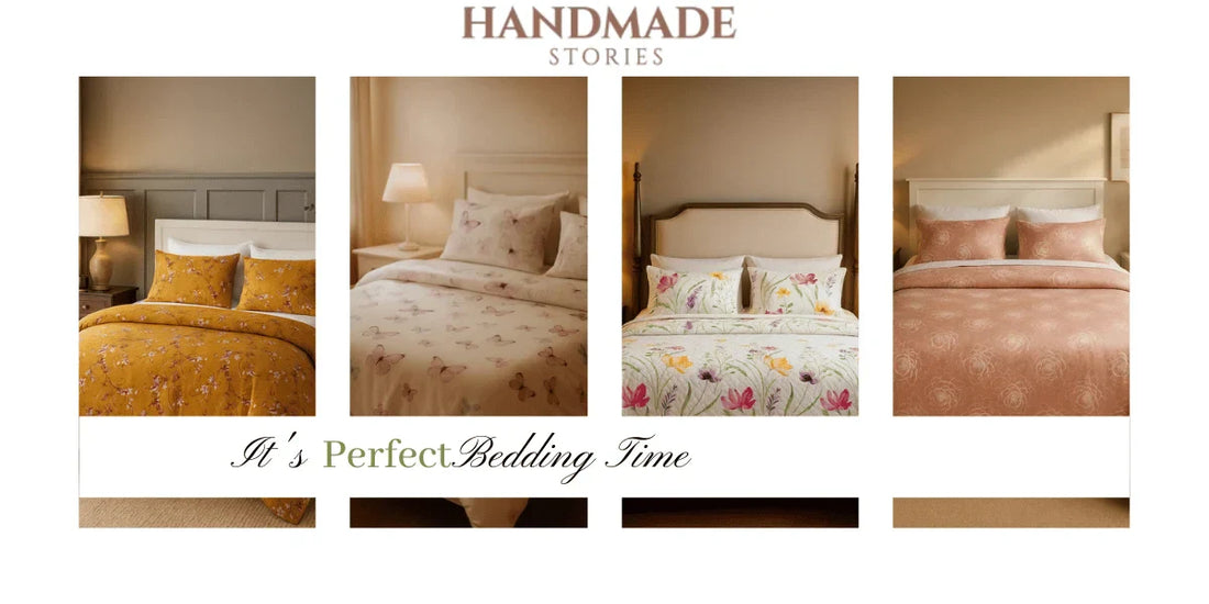 Handmade Stories luxury bedding sets in floral, butterfly, and pastel patterns on cozy beds