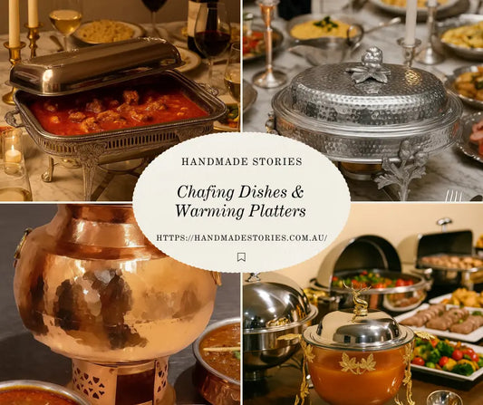 Elegant chafing dishes and warming platters on a festive dining table, Handmade Stories home decor.