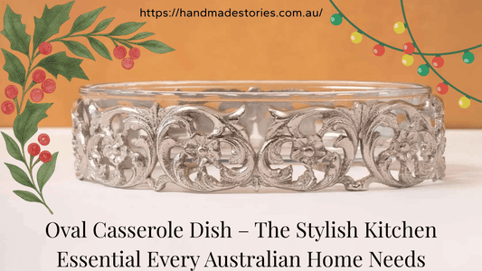 Handmade Stories ornate oval casserole dish with silver floral design, perfect home decor accent.