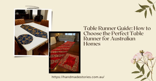 Handmade Stories Australian table runners, featuring blue and red artisan designs on dining tables.