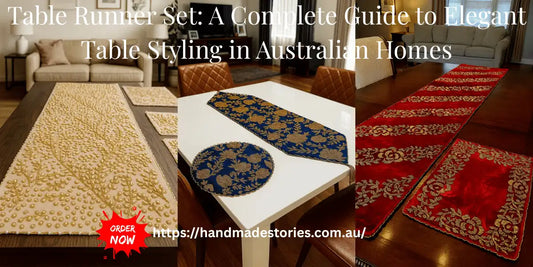 Handmade Stories elegant table runners in gold, blue, and red, styled in Australian homes.