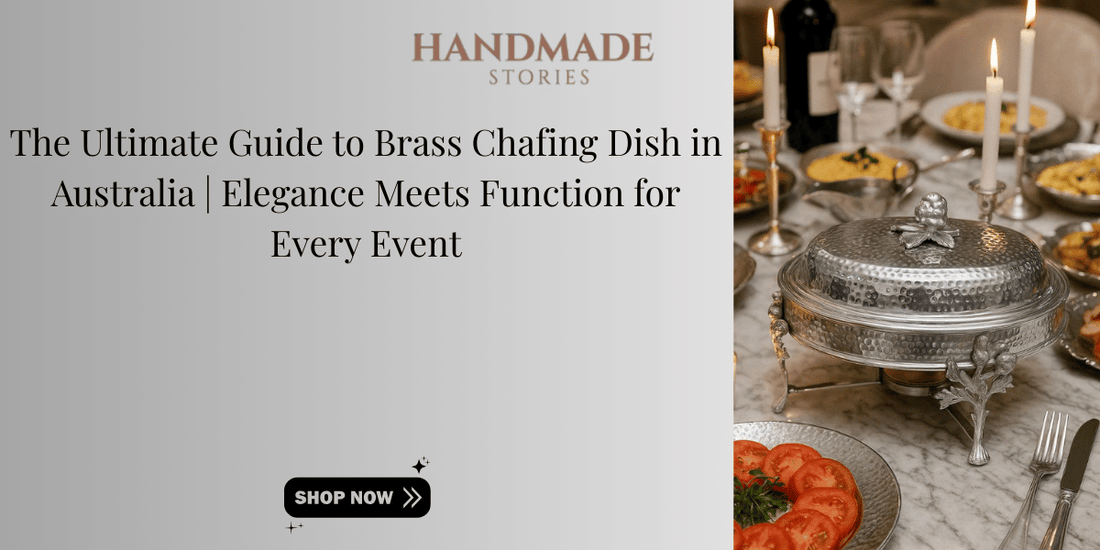 Elegant brass chafing dish on a marble dining table set for a stylish event, Handmade Stories
