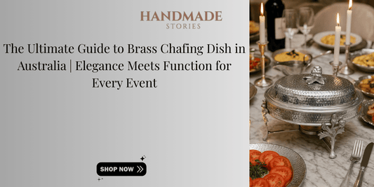 Elegant brass chafing dish on a marble dining table set for a stylish event, Handmade Stories