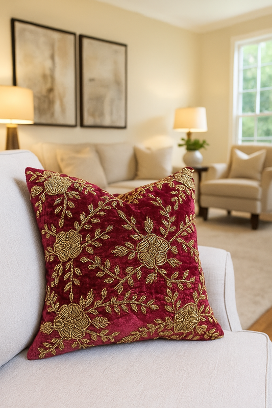 Handmade velvet Cushion Cover (Burgandy and Gold)