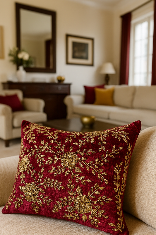 Handmade velvet Cushion Cover (Burgandy and Gold)