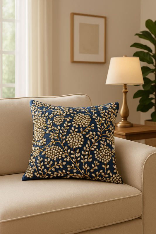 Handmade Velvet Cushion Cover Royal Blue Pearl and Gold