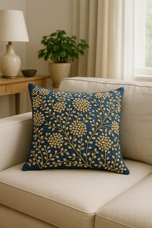 Handmade Velvet Cushion Cover Royal Blue Pearl and Gold
