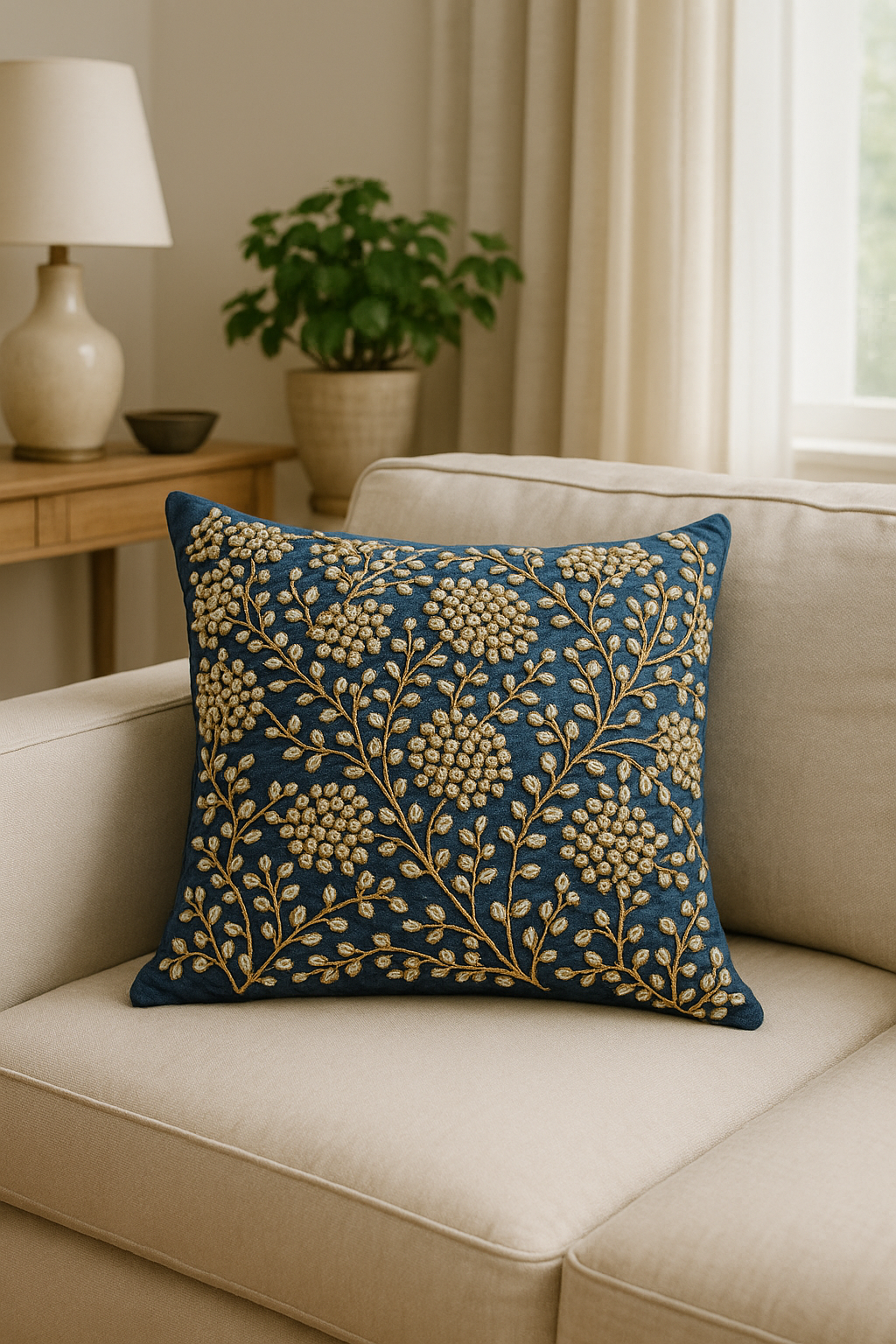 Handmade Velvet Cushion Cover (Royal blue pearl and Gold)
