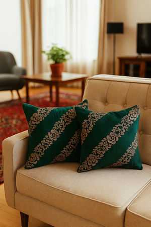 Handmade velvet Cushion Cover Emerald green (Diagonal Stripes) - Handmade Stories