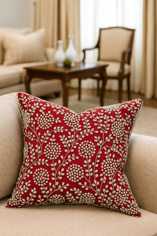 Handmade velvet Cushion Cover (Red & White Pearl)