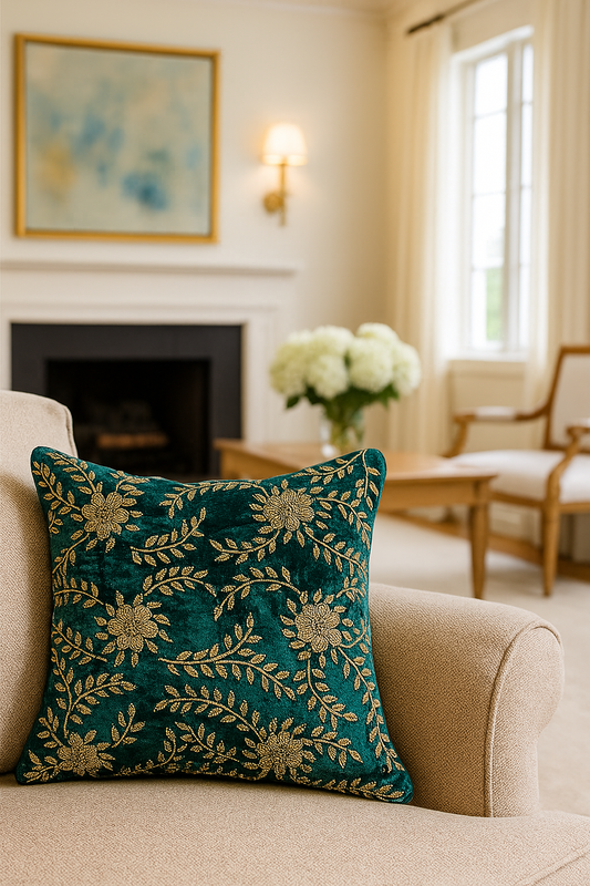 Handmade velvet Cushion Cover (Emerald Green Floral)