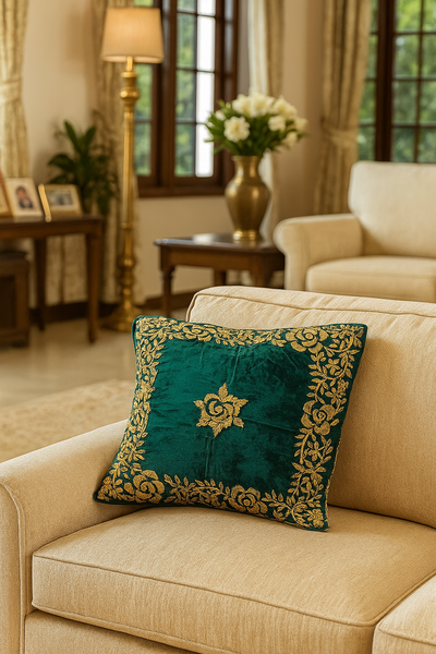 Handmade Traditional velvet Cushion Cover (Green and Gold)