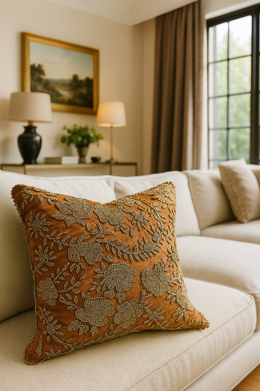Handmade velvet Cushion Cover (Mustard With Floral Design)