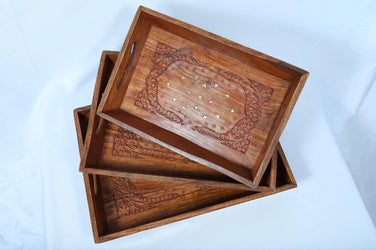 3-Piece Rectangular Wooden engraved Serving Tray Set - Handmade Stories