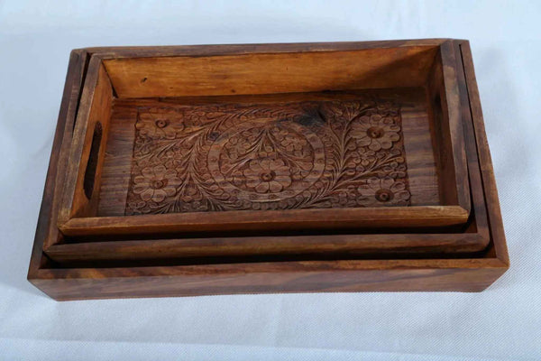 3-Piece Rectangular Wooden engraved Serving Tray Set
