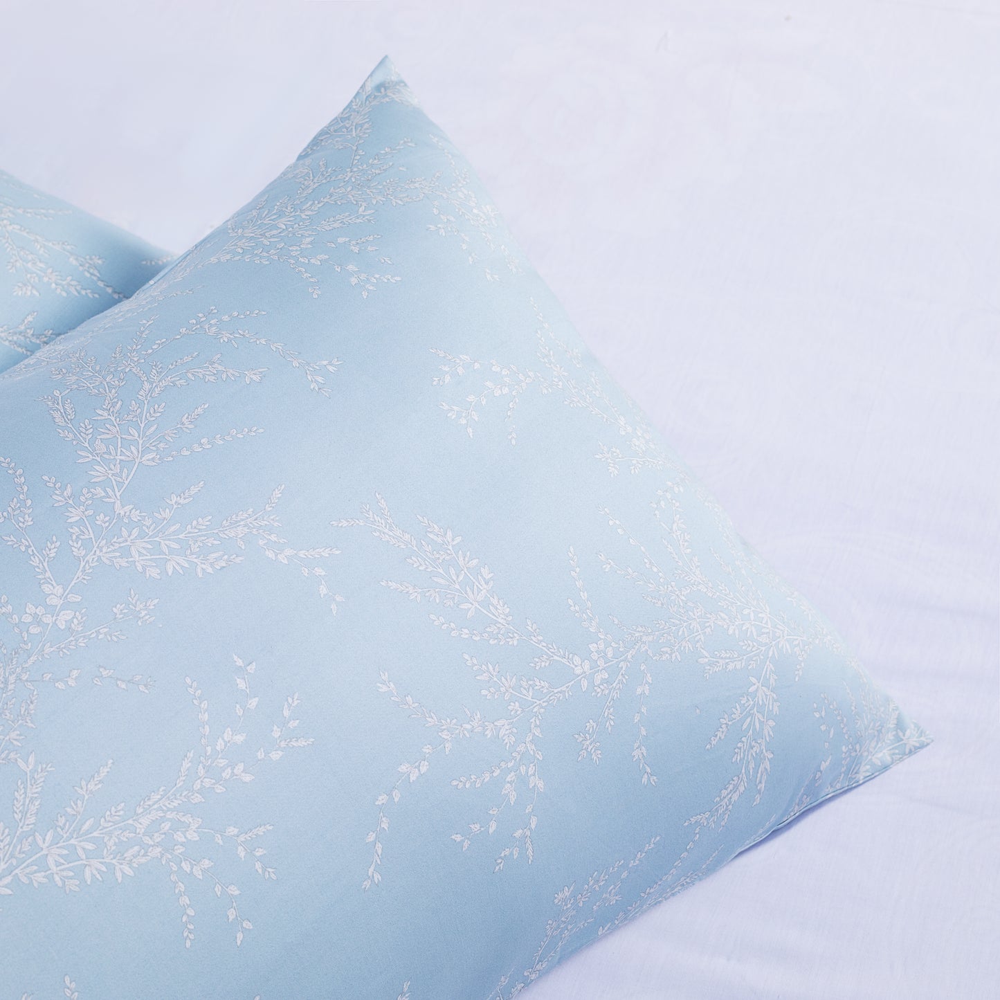 Sky Blue Quilt Cover with White Leaf Print 