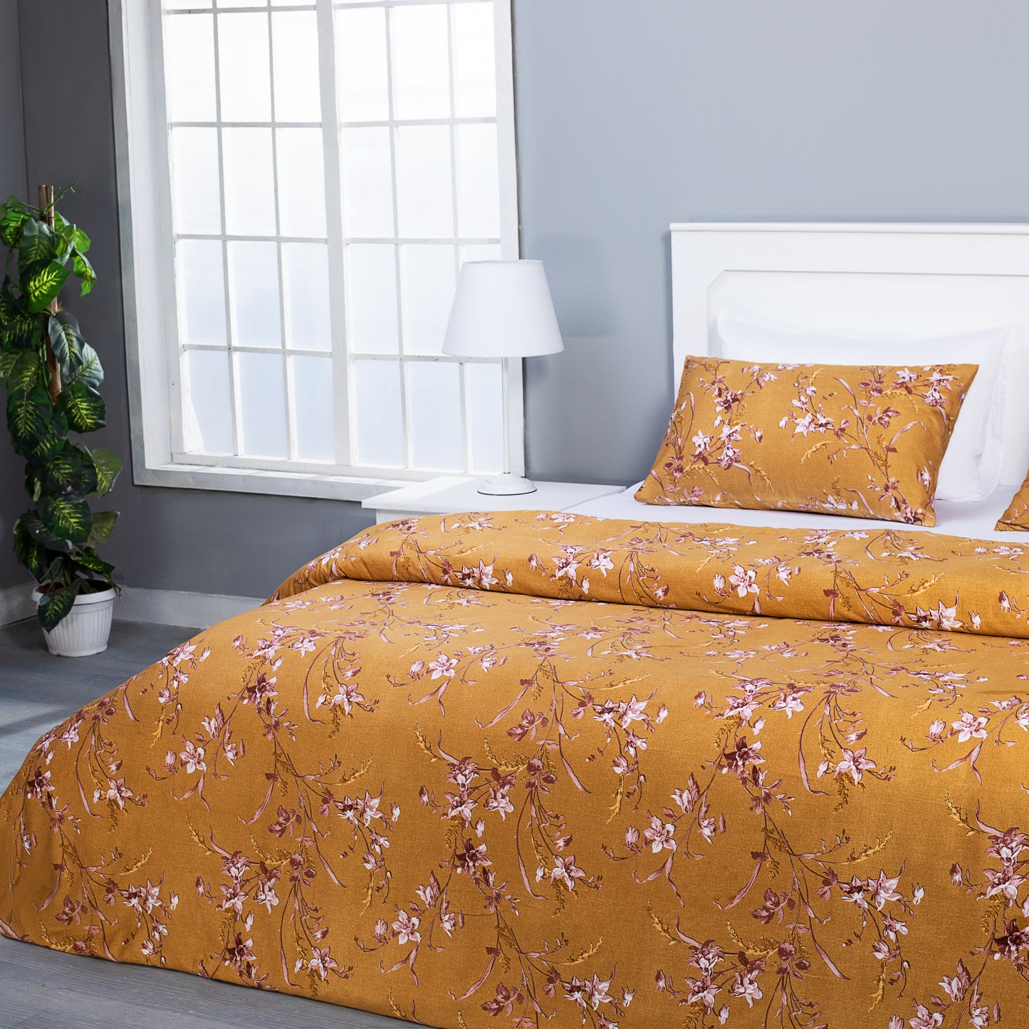 Mustard Yellow and Tea Pink Floral Duvet Cover Set