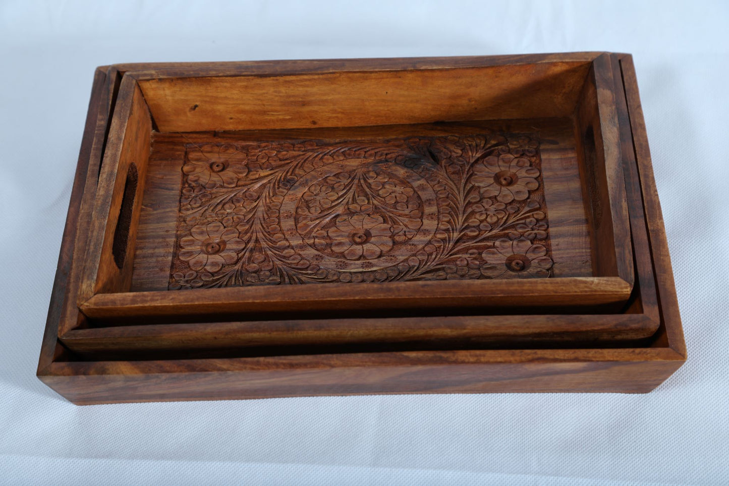 3-Piece Rectangular Wooden engraved Serving Tray Set