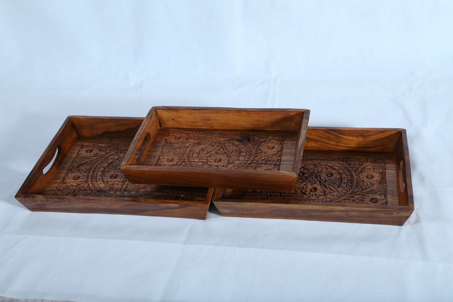 3-Piece Rectangular Wooden engraved Serving Tray Set