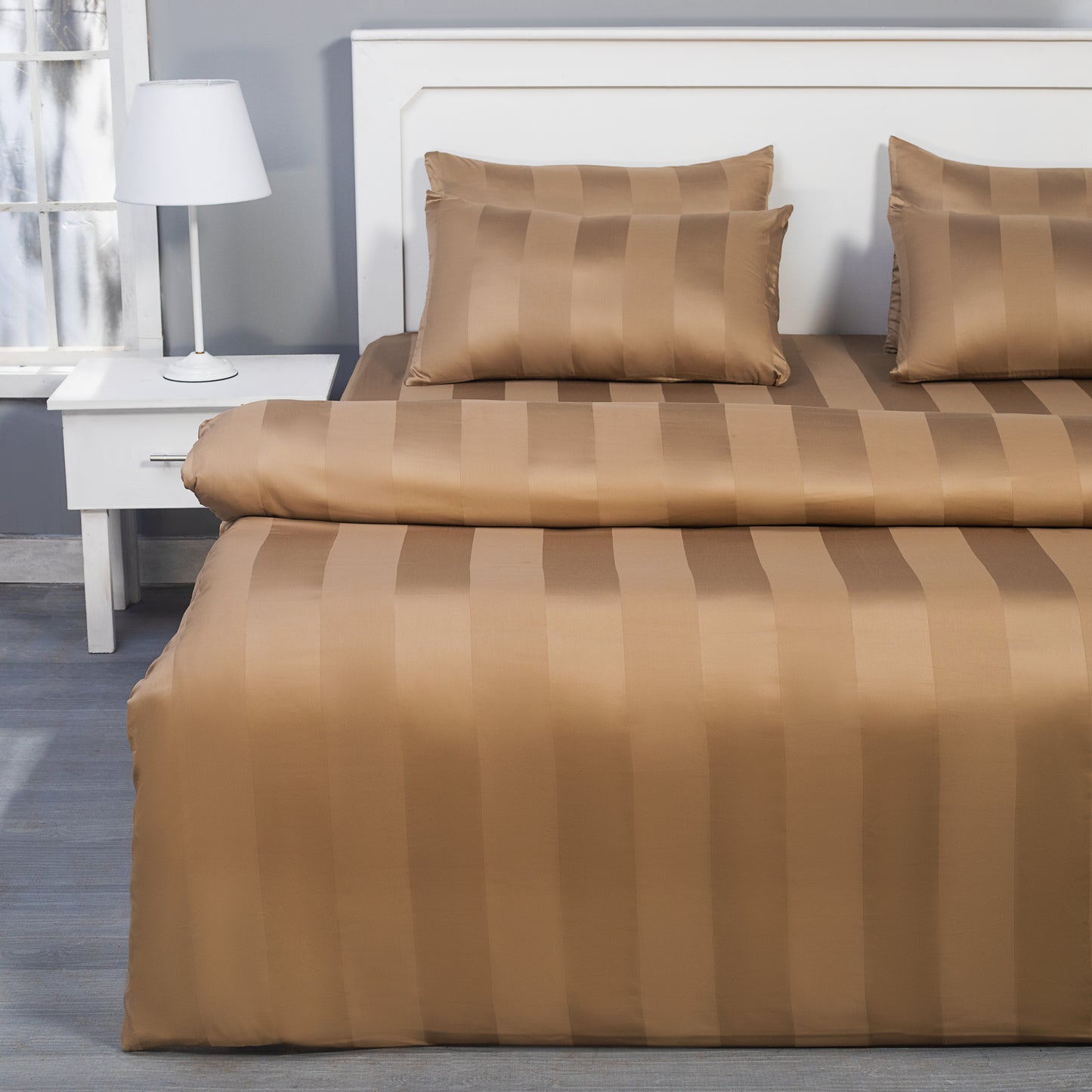 Mud Brown Wide Stripe Cotton Duvet Cover Set King Size