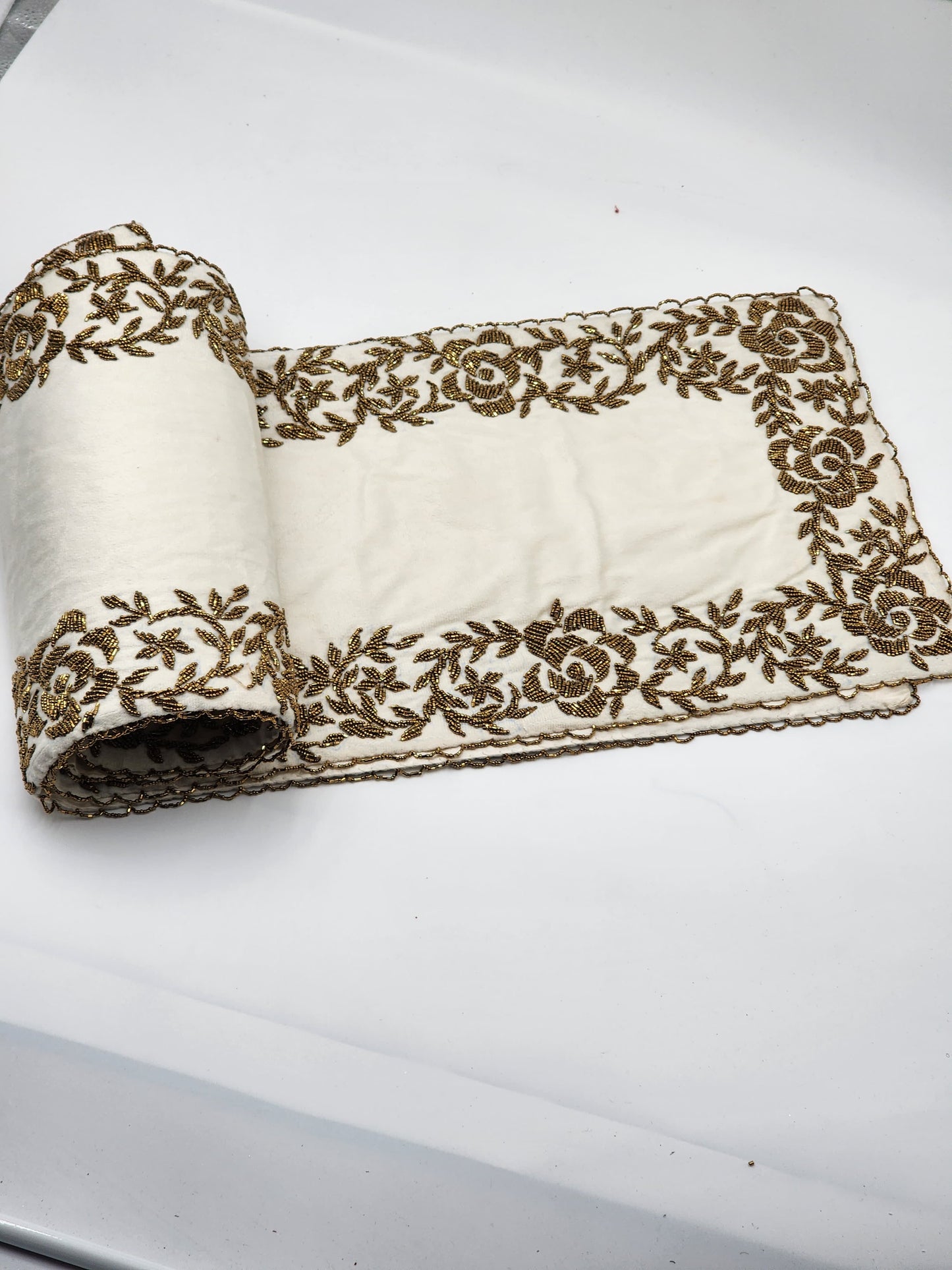 Handmade Beaded Runner - Ivory white and Gold