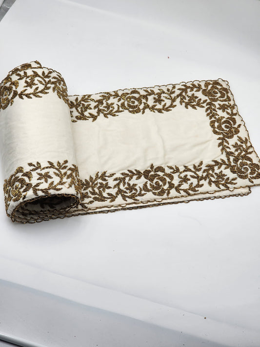 Handmade Beaded Runner - Ivory white and Gold