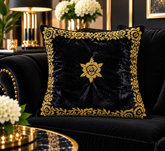 Handmade velvet Cushion Cover (Black and Gold)