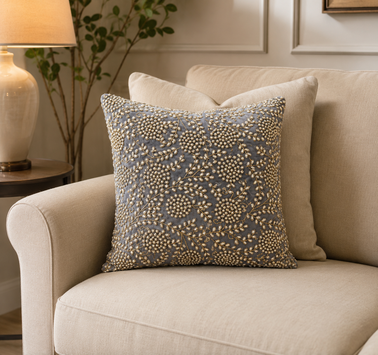 Handmade velvet Cushion Cover (Grey gold and pearl)