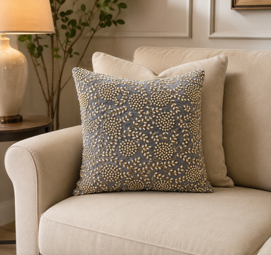 Handmade velvet Cushion Cover (Grey gold and pearl)