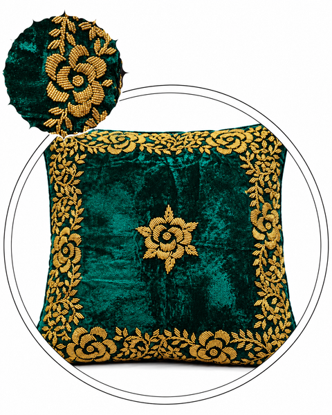 Handmade velvet Cushion Cover (Emerald Green and Gold) border