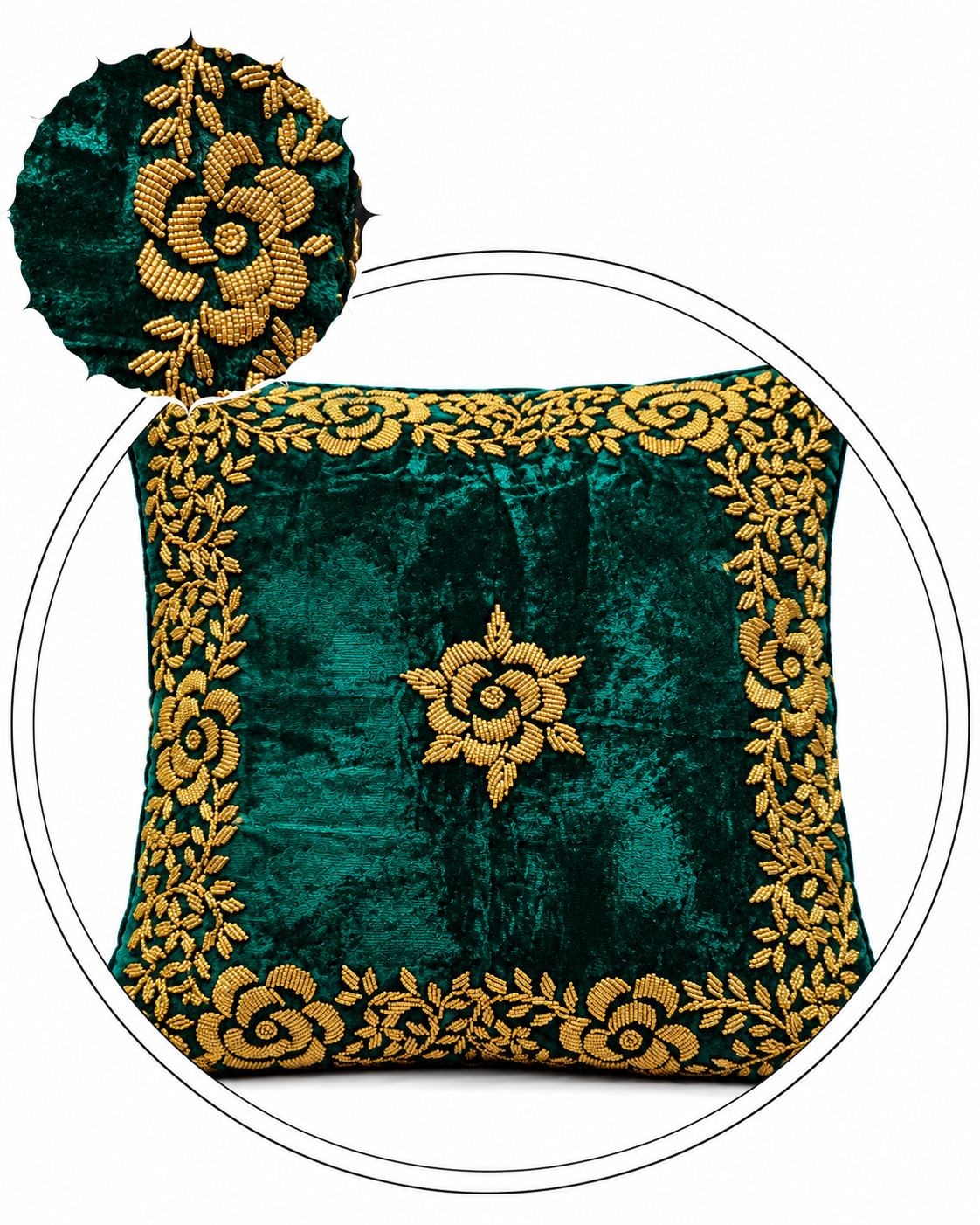 Handmade velvet Cushion Cover (Emerald Green and Gold) border