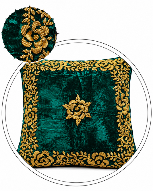 Handmade velvet Cushion Cover (Emerald Green and Gold) border