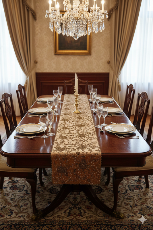Handmade Beaded Table  Runner (Beige Gold & pearl)