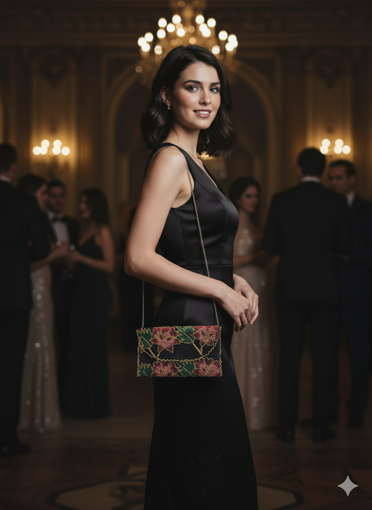 Women Black Floral Clutch Embellished Beaded (Design-I)