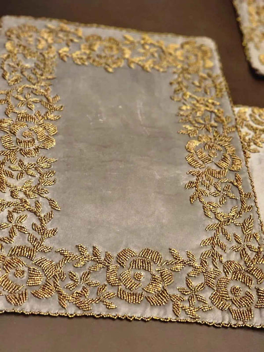 Grey and Gold Handmade Beaded Table Runner Set (Border Design)