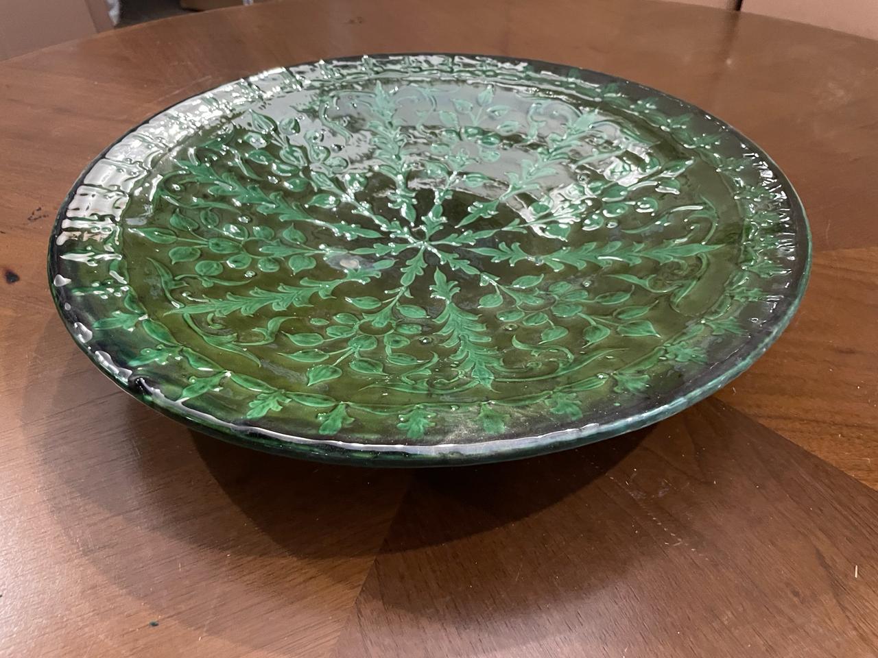 Hand-Painted Emerald Green Serving dish with stand